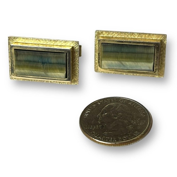 Vintage Tiger’s Eye Cufflinks Cat’s Eye Brushed Finish 10KT GP Tested Unsigned - Picture 6 of 8